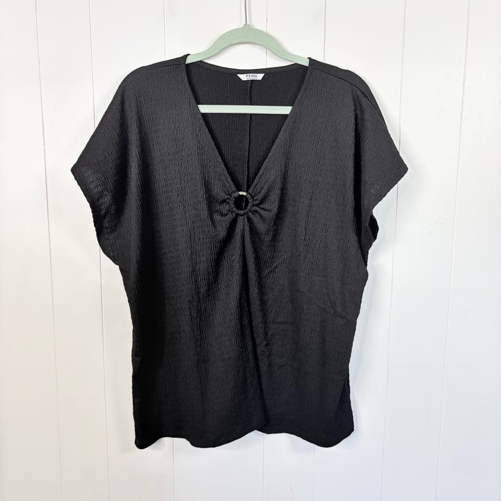 Penningtons Black Short Sleeve Stretch Blouse Top Size 2X Office Summer Basic - Picture 2 of 9